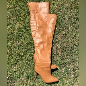 Cognac thigh high pointed toe stiletto boots